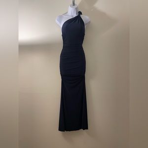 Dark Navy Blue gown: wrap dress